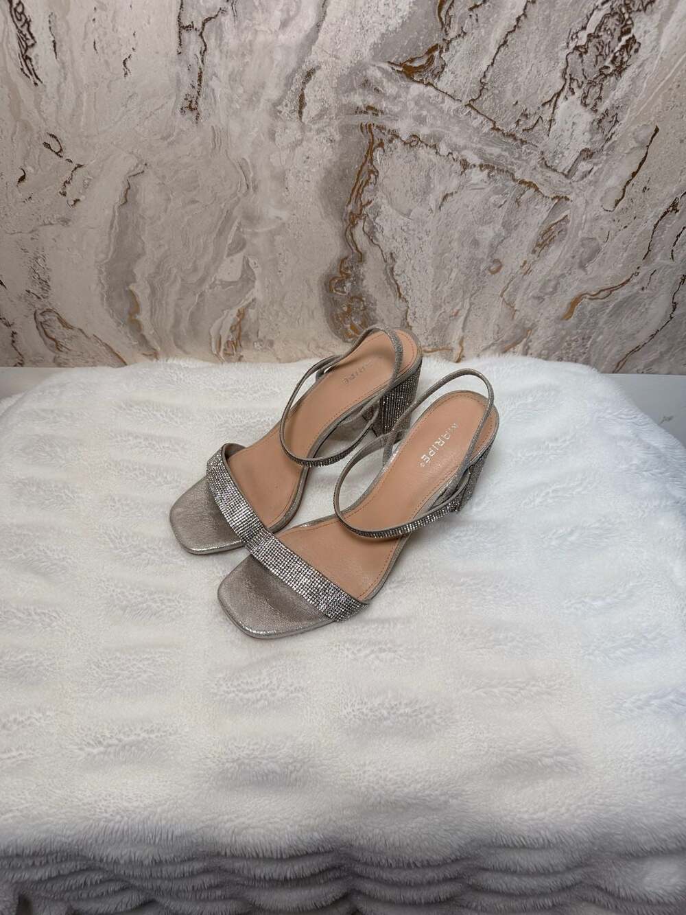 Maripe Silver Rhinestone Block Heel Slingback Sandals size 10